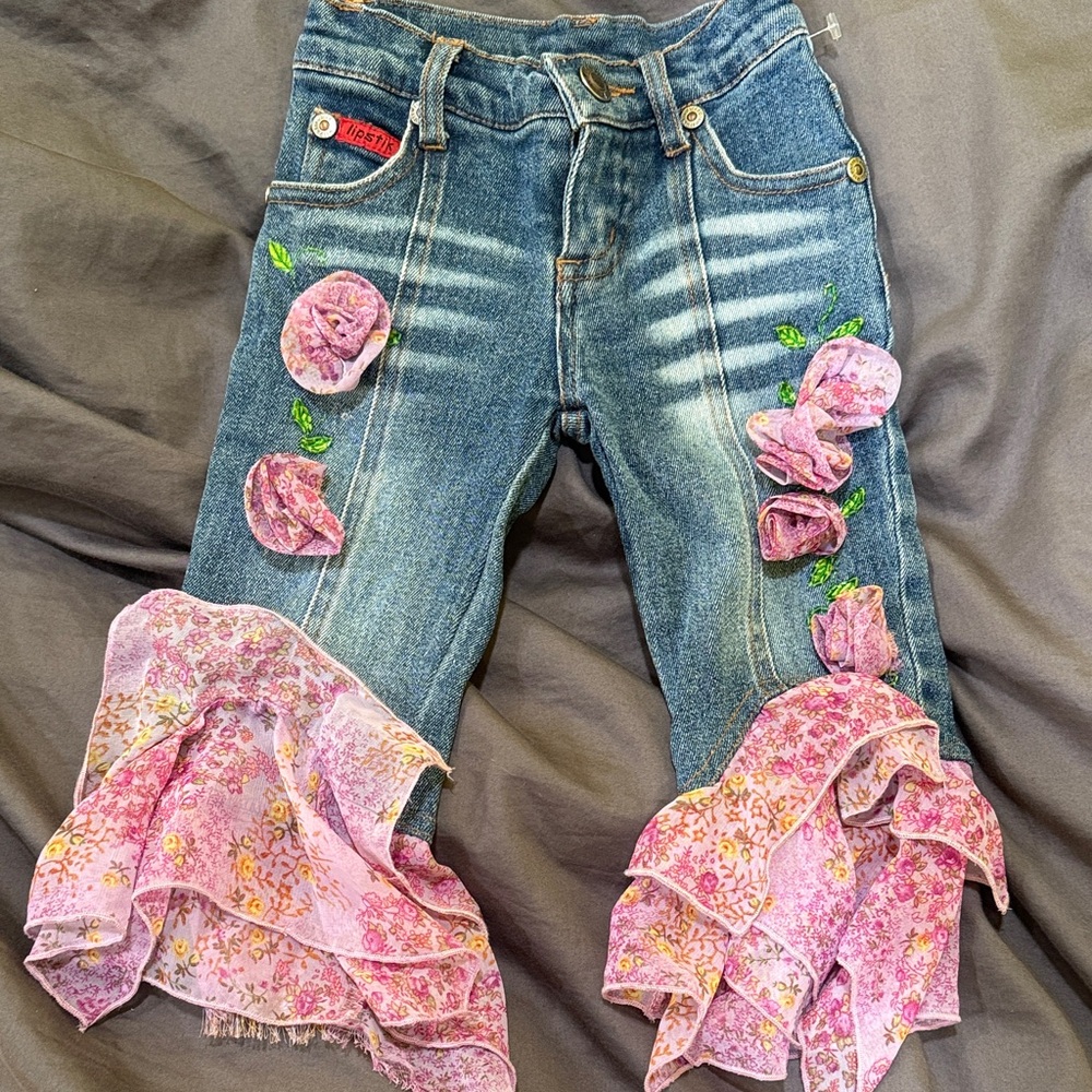 Lipstick Boutique Blue Jeans with Pink Floral Ruffles